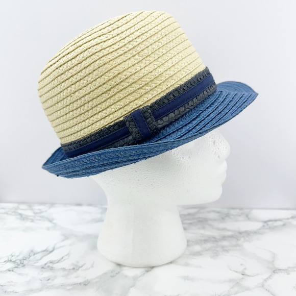 Baby Gap Color Block Blue Tan Straw Fedora Hat Size S/M - Picture 1 of 6